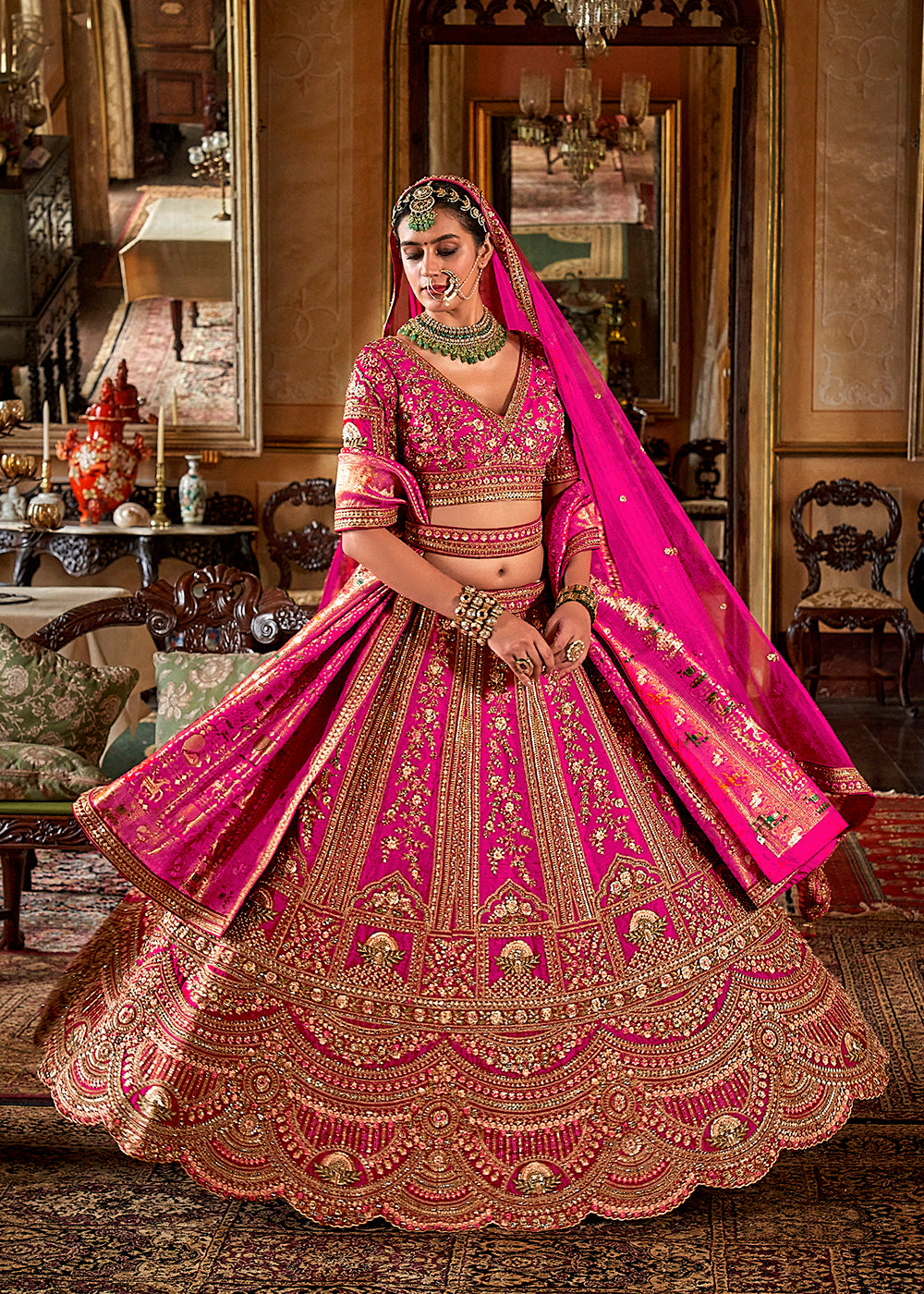Buy Now Rani Pink Bridal Silk Sabyasachi Inspired Lehenga Choli Online in US, UK, Canada, France, Italy, Germany, Austria, Denmark & Worldwide at Empress.