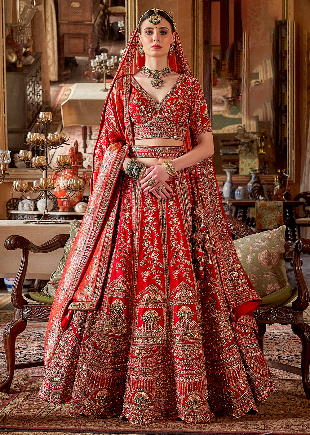 Buy Now Hot Red Bridal Silk Sabyasachi Inspired Lehenga Choli Online in US, UK, Canada, France, Italy, Germany, Austria, Denmark & Worldwide at Empress.