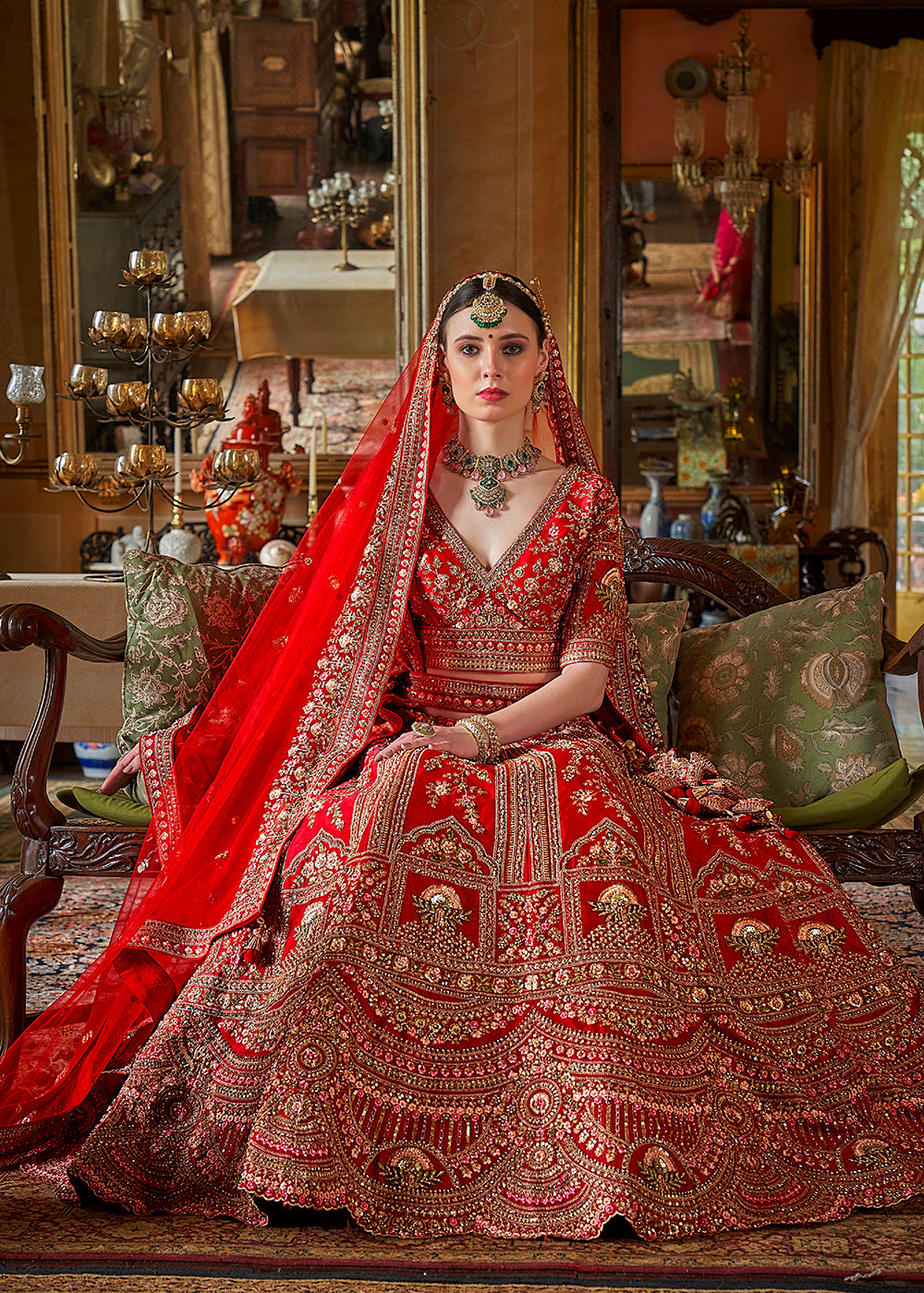 Buy Now Hot Red Bridal Silk Sabyasachi Inspired Lehenga Choli Online in US, UK, Canada, France, Italy, Germany, Austria, Denmark & Worldwide at Empress.