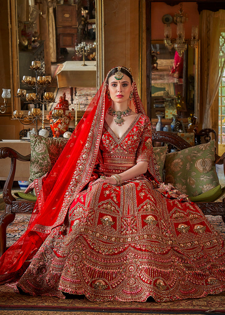 Buy Now Hot Red Bridal Silk Sabyasachi Inspired Lehenga Choli Online in US, UK, Canada, France, Italy, Germany, Austria, Denmark & Worldwide at Empress.
