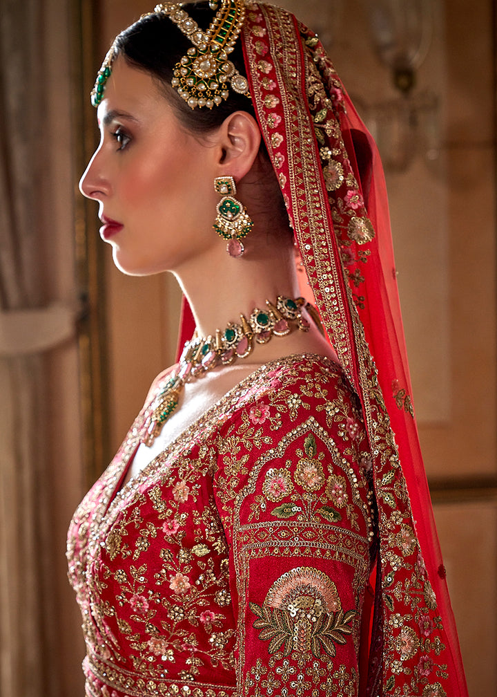 Buy Now Hot Red Bridal Silk Sabyasachi Inspired Lehenga Choli Online in US, UK, Canada, France, Italy, Germany, Austria, Denmark & Worldwide at Empress.