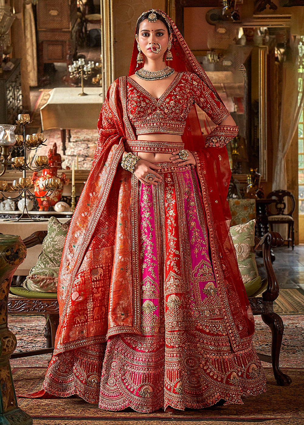 Buy Now Red & Pink Bridal Silk Sabyasachi Inspired Lehenga Choli Online in US, UK, Canada, France, Italy, Germany, Austria, Denmark, UAE & Worldwide at Empress.