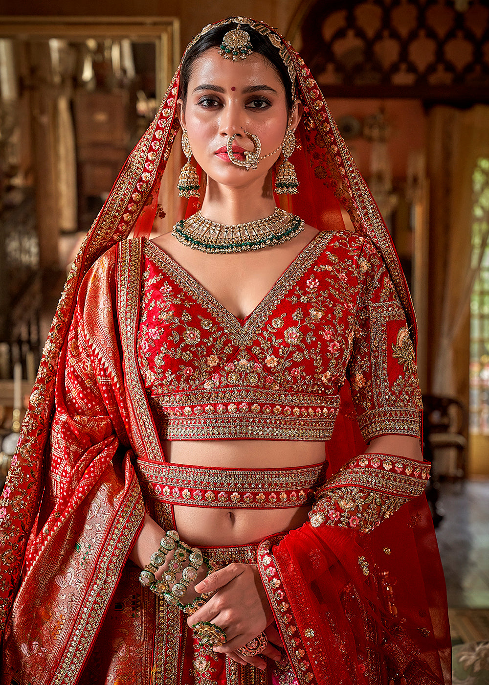 Buy Now Red & Pink Bridal Silk Sabyasachi Inspired Lehenga Choli Online in US, UK, Canada, France, Italy, Germany, Austria, Denmark, UAE & Worldwide at Empress.