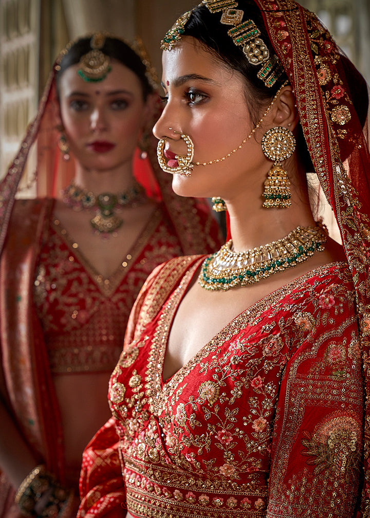Buy Now Red & Pink Bridal Silk Sabyasachi Inspired Lehenga Choli Online in US, UK, Canada, France, Italy, Germany, Austria, Denmark, UAE & Worldwide at Empress.