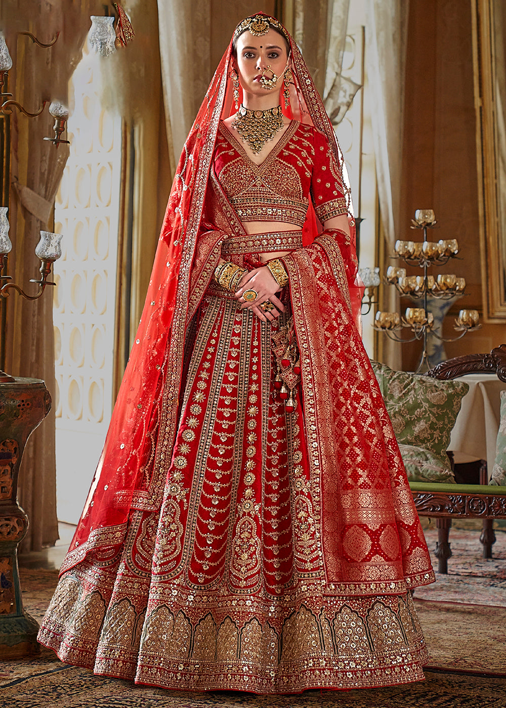 Buy Now Red Bridal Silk Sabyasachi Inspired Lehenga Choli Online in US, UK, Canada, France, Italy, Germany, Austria, Denmark, UAE & Worldwide at Empress.