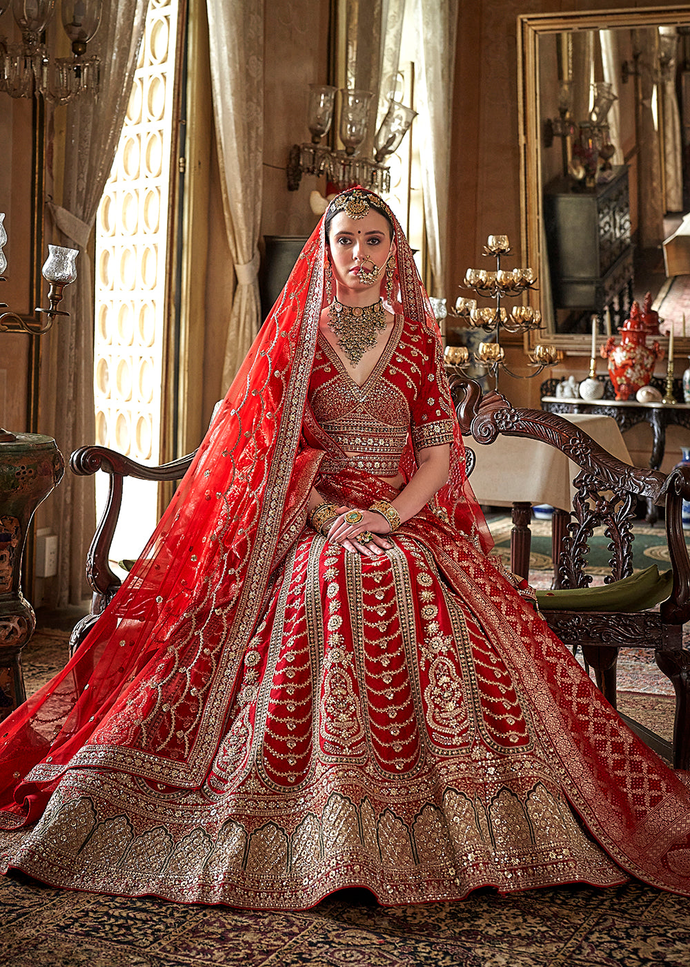 Buy Now Red Bridal Silk Sabyasachi Inspired Lehenga Choli Online in US, UK, Canada, France, Italy, Germany, Austria, Denmark, UAE & Worldwide at Empress.