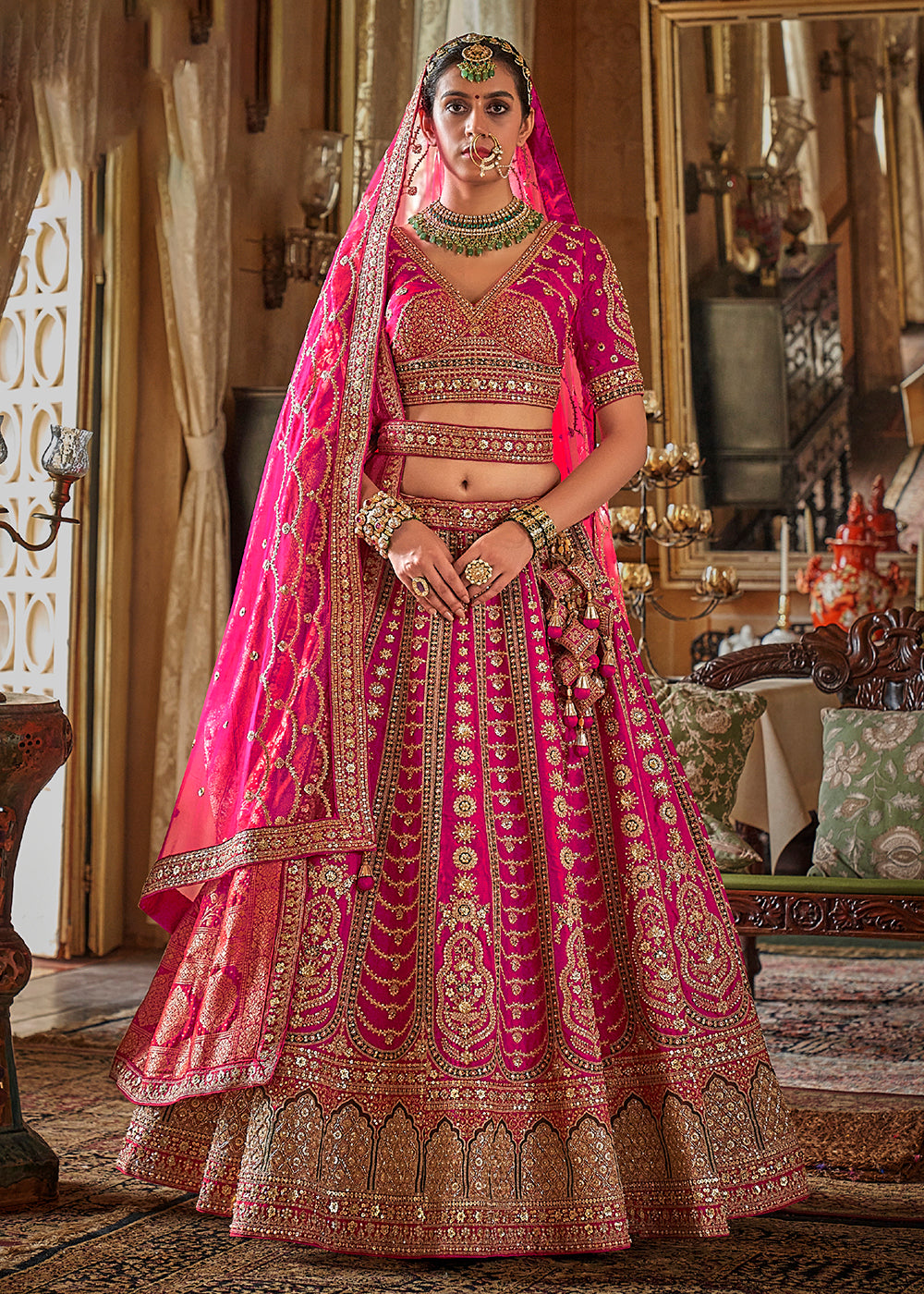 Buy Now Hot Pink Bridal Silk Sabyasachi Inspired Lehenga Choli Online in US, UK, Canada, France, Italy, Germany, Austria, Denmark, UAE & Worldwide at Empress.