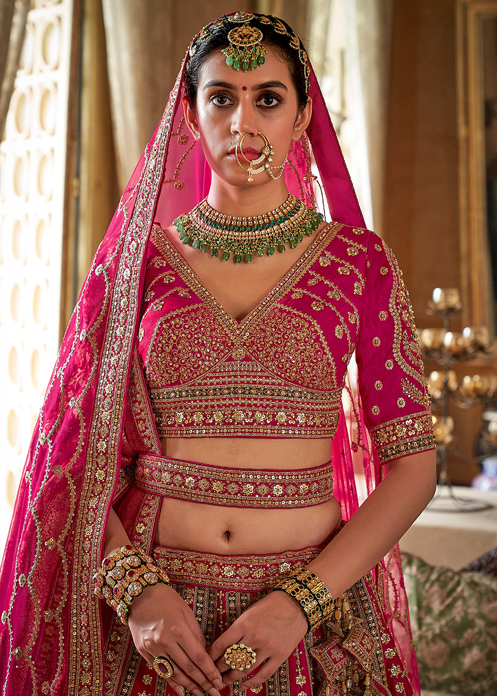 Buy Now Hot Pink Bridal Silk Sabyasachi Inspired Lehenga Choli Online in US, UK, Canada, France, Italy, Germany, Austria, Denmark, UAE & Worldwide at Empress.
