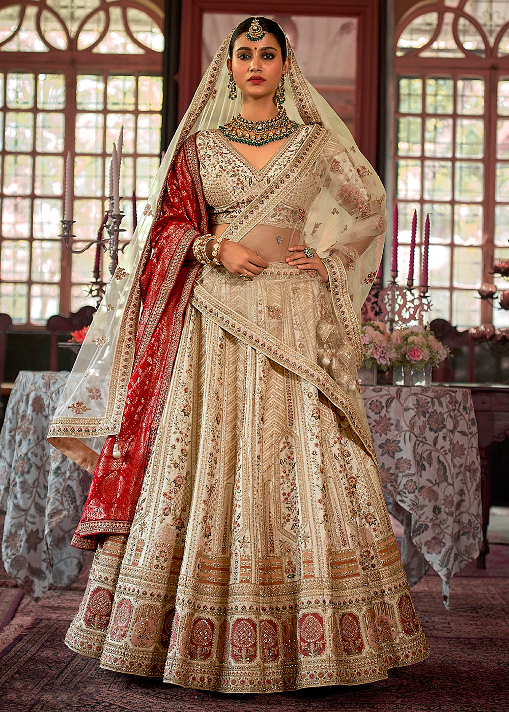 Buy Now Ivory Silk Heavily Embroidered Bridal Lehenga Choli Online in US, UK, Canada, France, Italy, Germany, Austria, Denmark, UAE & Worldwide at Empress.