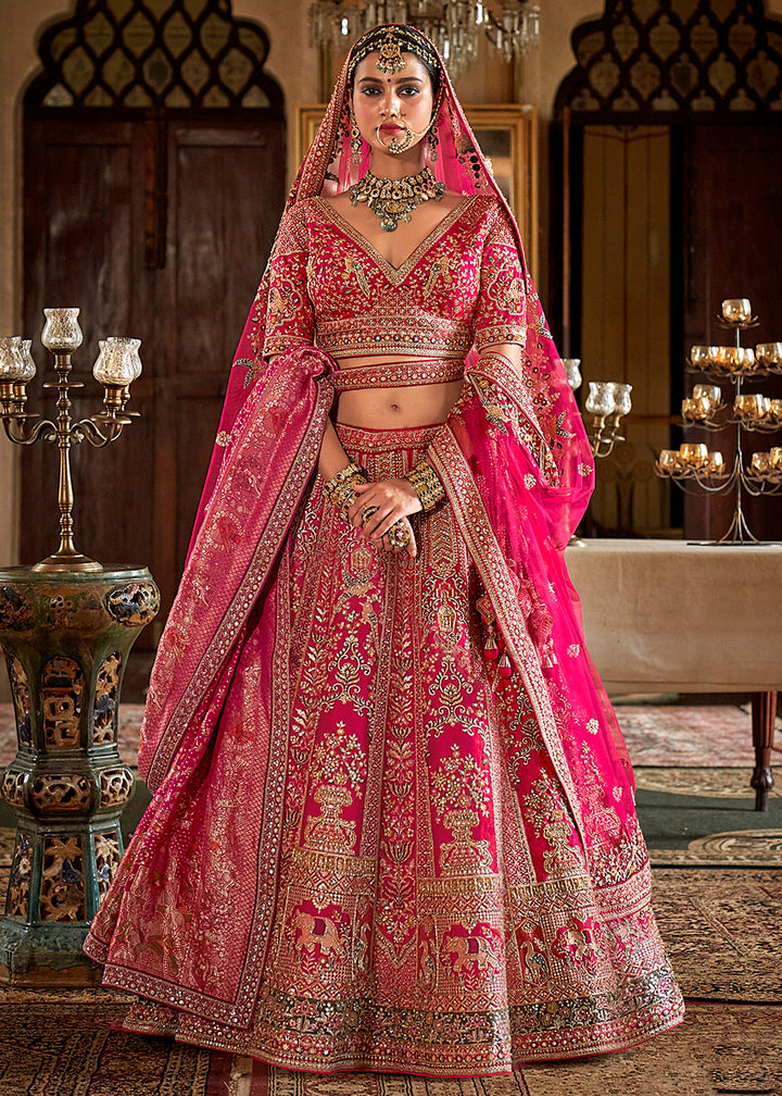 Buy Now Rani Pink Pretty Bridal Tone Silk Designer Lehenga Choli Online in US, UK, Canada, France, Italy, Germany, Austria, Denmark, UAE & Worldwide at Empress.