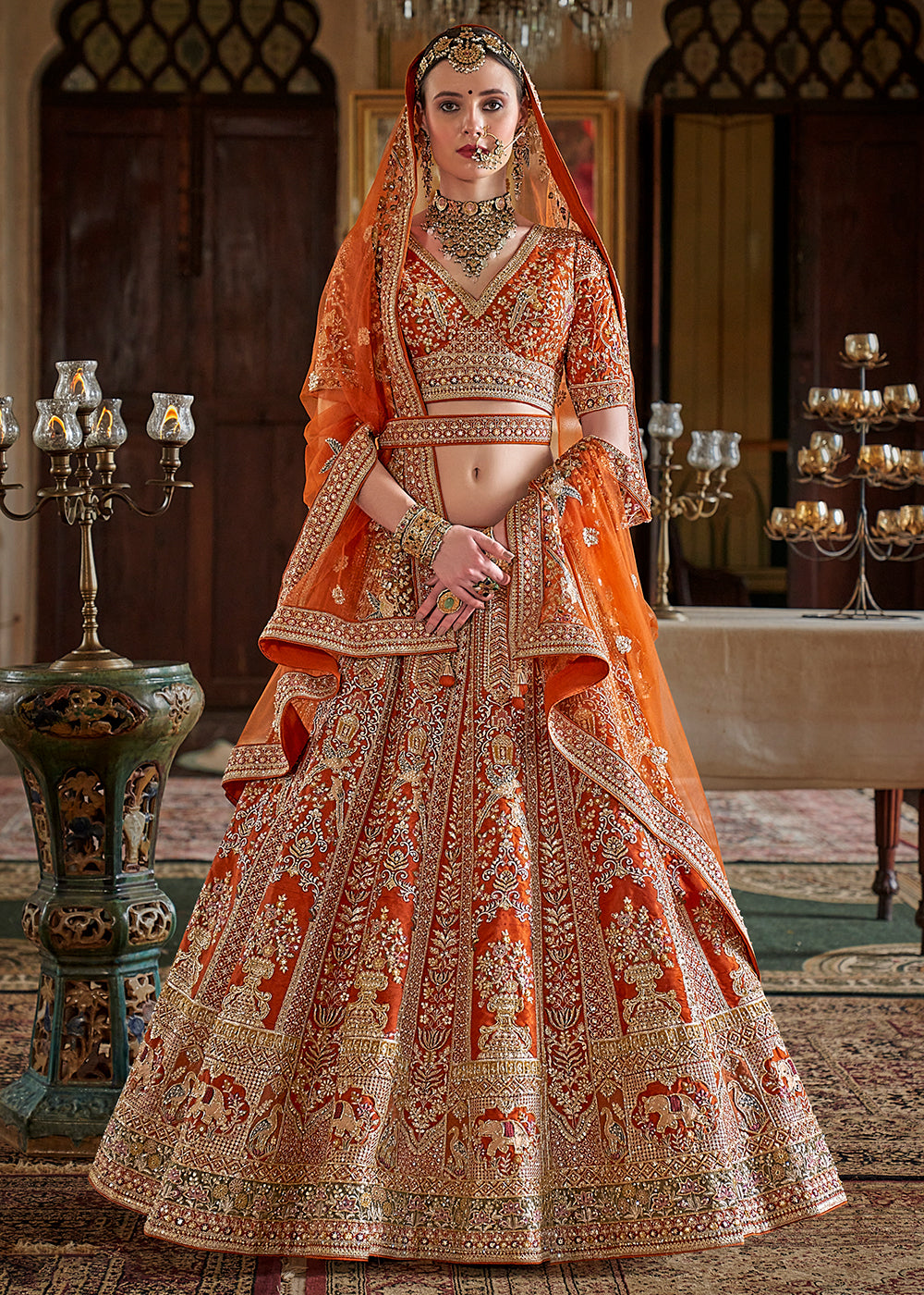 Buy Now Orange Pretty Bridal Tone Silk Designer Lehenga Choli Online in US, UK, Canada, France, Italy, Germany, Austria, Denmark, UAE & Worldwide at Empress.