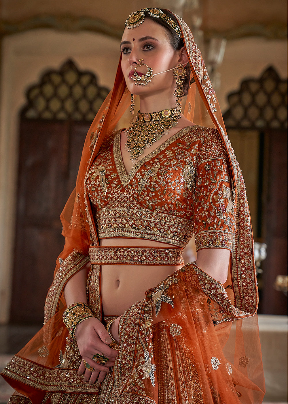 Buy Now Orange Pretty Bridal Tone Silk Designer Lehenga Choli Online in US, UK, Canada, France, Italy, Germany, Austria, Denmark, UAE & Worldwide at Empress.