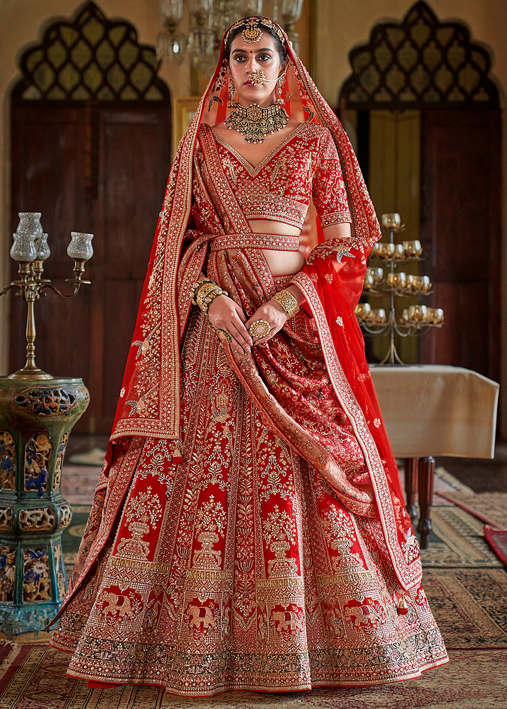 Buy Now Red Pretty Bridal Tone Silk Designer Lehenga Choli Online in US, UK, Canada, France, Italy, Germany, Austria, Denmark, UAE & Worldwide at Empress.