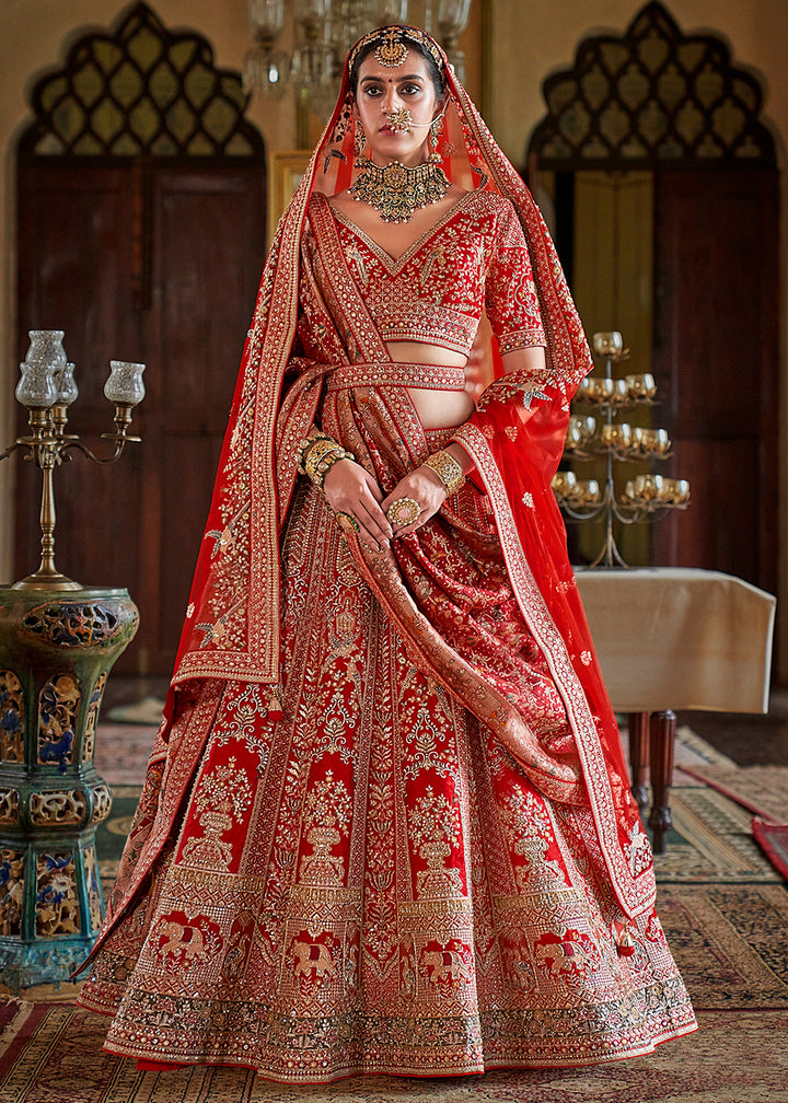 Buy Now Red Pretty Bridal Tone Silk Designer Lehenga Choli Online in US, UK, Canada, France, Italy, Germany, Austria, Denmark, UAE & Worldwide at Empress.