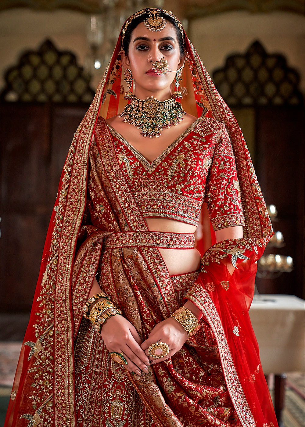 Buy Now Red Pretty Bridal Tone Silk Designer Lehenga Choli Online in US, UK, Canada, France, Italy, Germany, Austria, Denmark, UAE & Worldwide at Empress.