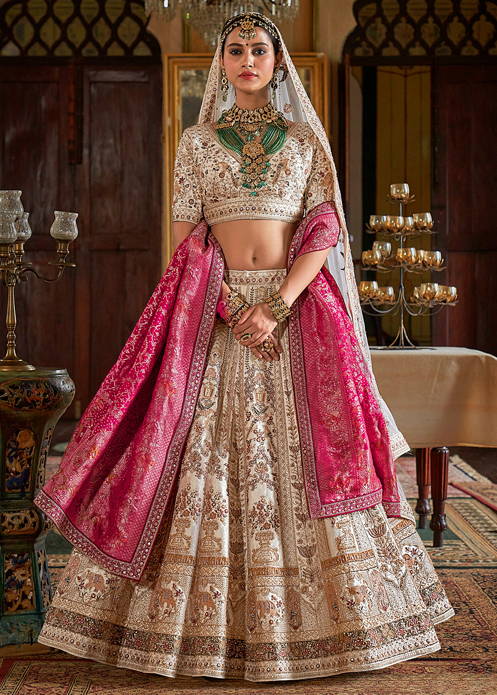 Buy Now Cream Pretty Bridal Tone Silk Designer Lehenga Choli Online in US, UK, Canada, France, Italy, Germany, Austria, Denmark, UAE & Worldwide at Empress.