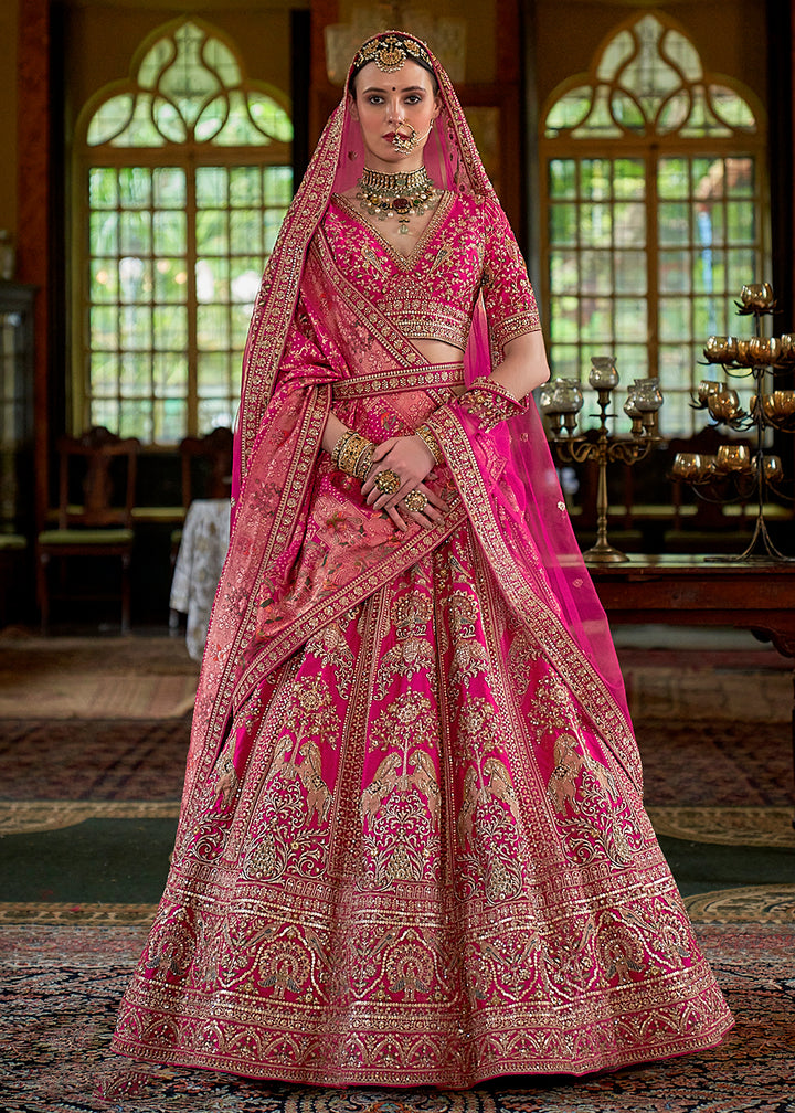 Buy Now Pretty Pink Bridal Tone Silk Designer Lehenga Choli Online in US, UK, Canada, France, Italy, Germany, Austria, Denmark, UAE & Worldwide at Empress.
