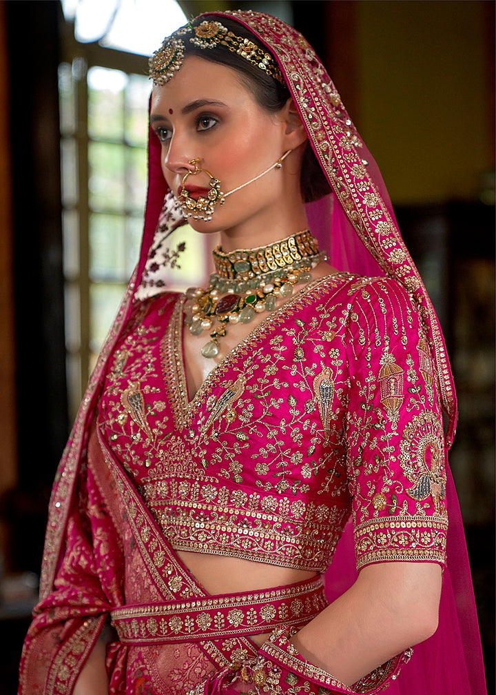 Buy Now Pretty Pink Bridal Tone Silk Designer Lehenga Choli Online in US, UK, Canada, France, Italy, Germany, Austria, Denmark, UAE & Worldwide at Empress.