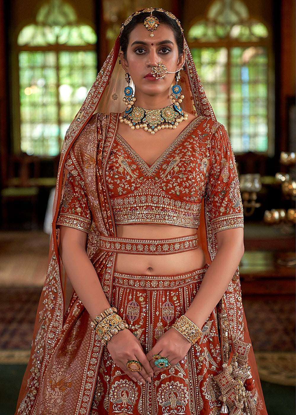 Buy Now Pretty Orange Bridal Tone Silk Designer Lehenga Choli Online in US, UK, Canada, France, Italy, Germany, Austria, Denmark, UAE & Worldwide at Empress.