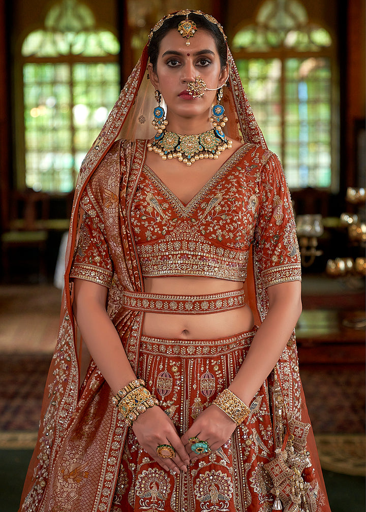 Buy Now Pretty Orange Bridal Tone Silk Designer Lehenga Choli Online in US, UK, Canada, France, Italy, Germany, Austria, Denmark, UAE & Worldwide at Empress.