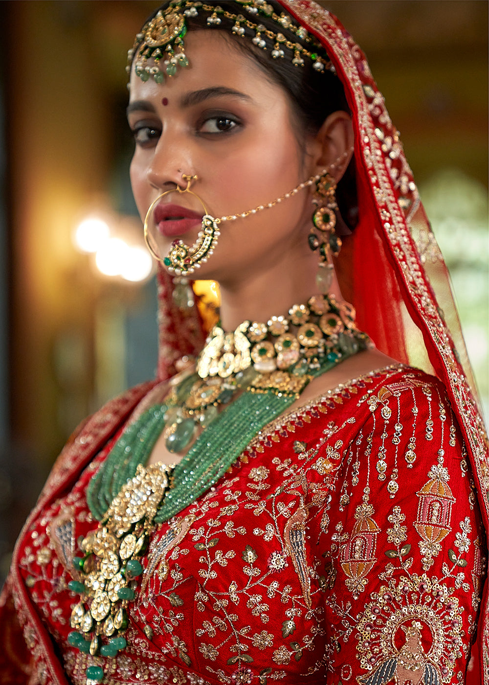 Buy Now Pretty Red Bridal Tone Silk Designer Lehenga Choli Online in US, UK, Canada, France, Italy, Germany, Austria, Denmark, UAE & Worldwide at Empress.