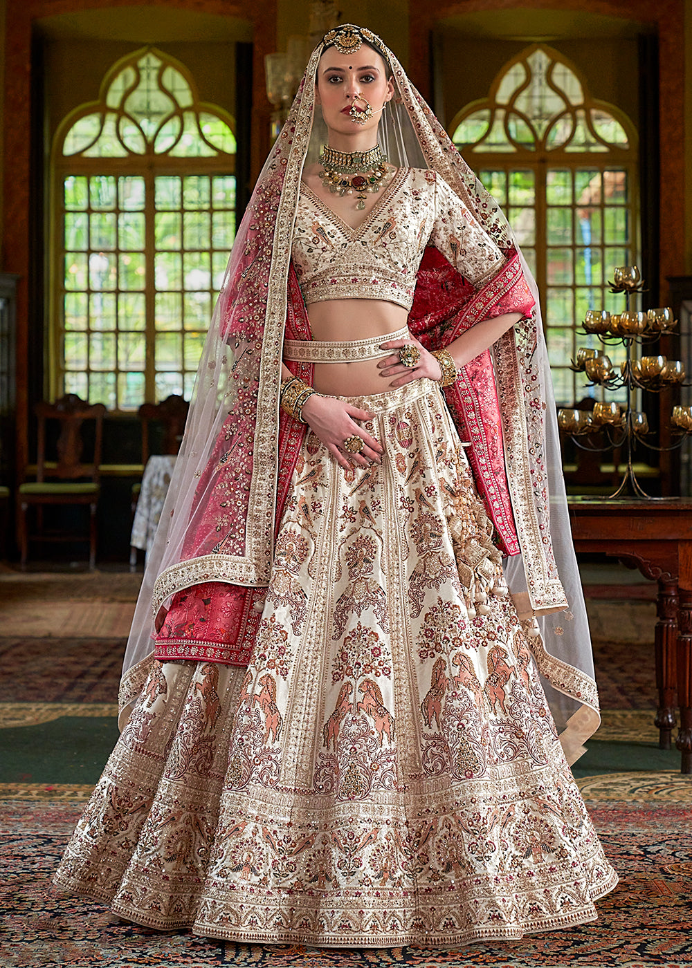 Buy Now Pretty Cream Bridal Tone Silk Designer Lehenga Choli Online in US, UK, Canada, France, Italy, Germany, Austria, Denmark, UAE & Worldwide at Empress.
