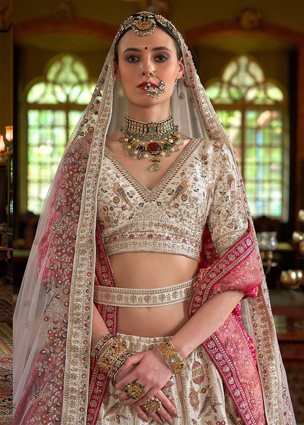 Buy Now Pretty Cream Bridal Tone Silk Designer Lehenga Choli Online in US, UK, Canada, France, Italy, Germany, Austria, Denmark, UAE & Worldwide at Empress.