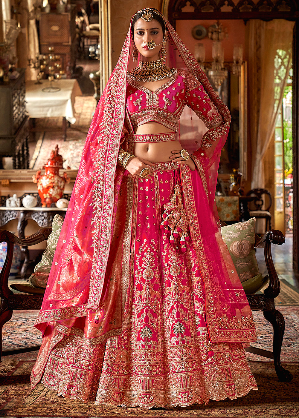 Buy Now Pink Silk Heavily Embroidered Bridal Lehenga Choli Online in US, UK, Canada, France, Italy, Germany, Austria, Denmark, UAE & Worldwide at Empress.