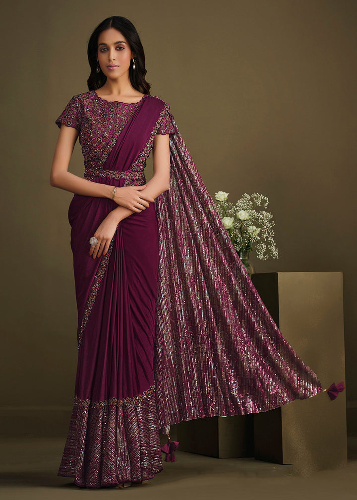 Shop Now Designer Wine Sequined Crystal Silk Ready to Wear Saree from Empress Clothing in USA, UK, Canada & Worldwide. 