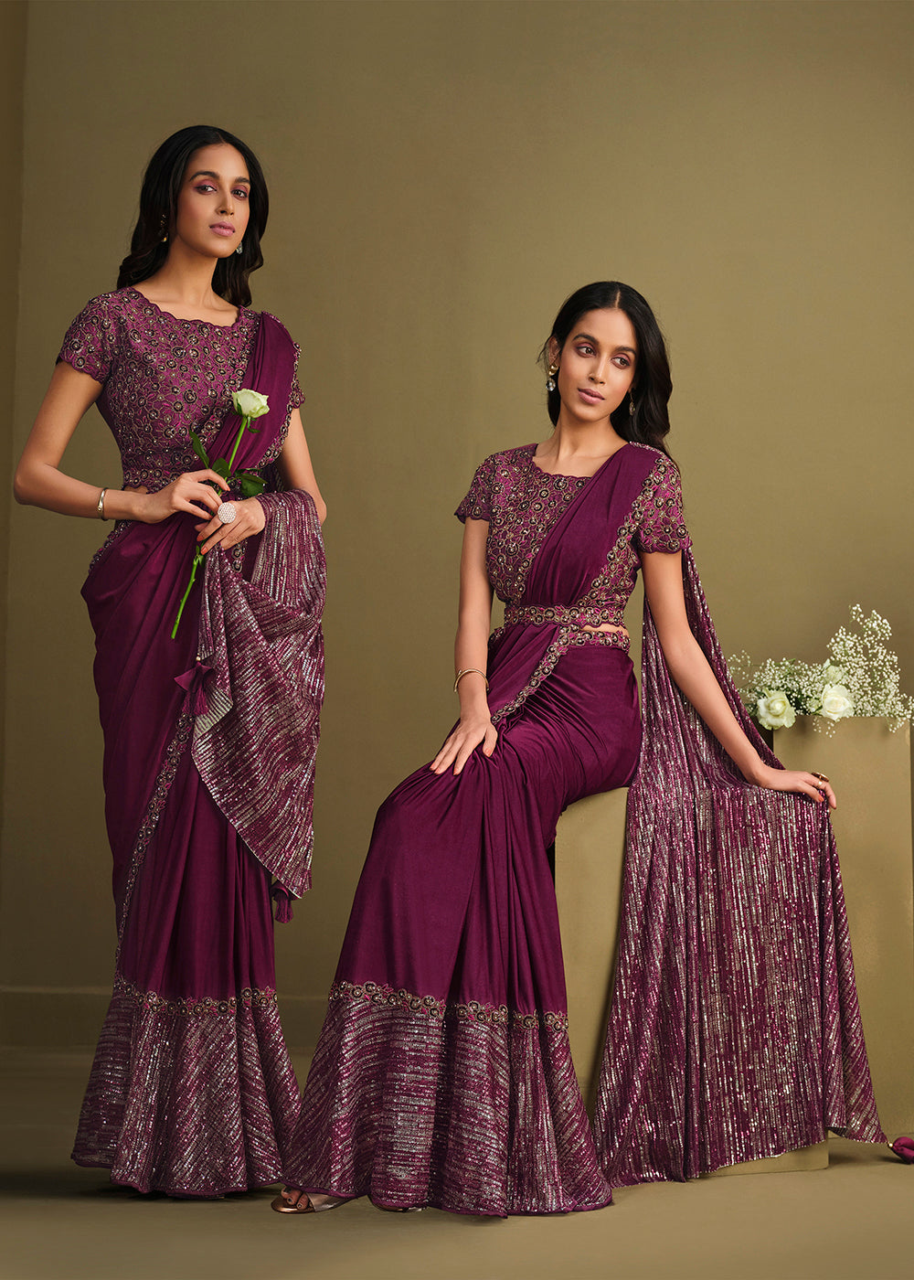 Shop Now Designer Wine Sequined Crystal Silk Ready to Wear Saree from Empress Clothing in USA, UK, Canada & Worldwide. 
