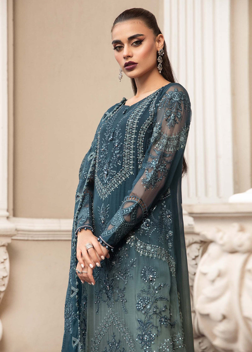 Buy Now Chiffon Formals 2023 by Maria B | MPC-23-102 Teal Blue Online in USA, UK, Canada & Worldwide at Empress Clothing.