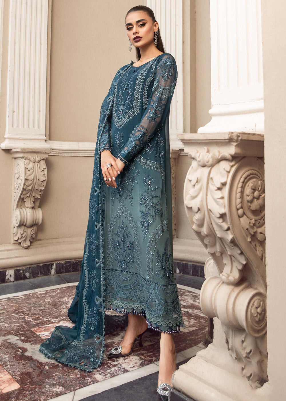 Buy Now Chiffon Formals 2023 by Maria B | MPC-23-102 Teal Blue Online in USA, UK, Canada & Worldwide at Empress Clothing.