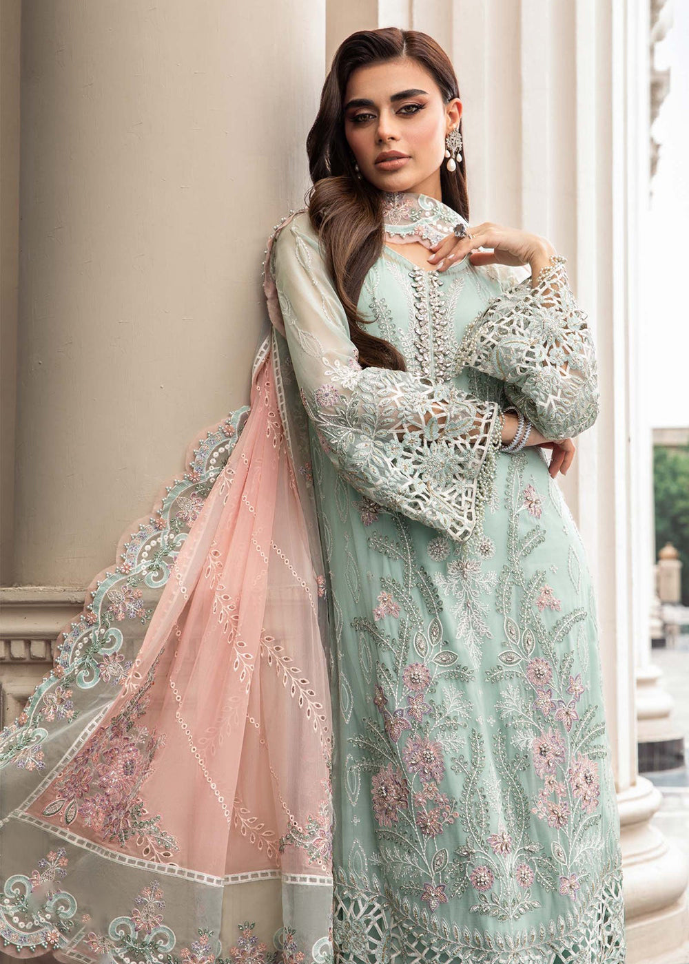 Buy Now Chiffon Formals 2023 by Maria B | MPC-23-104 Mint Green Online in USA, UK, Canada & Worldwide at Empress Clothing. 