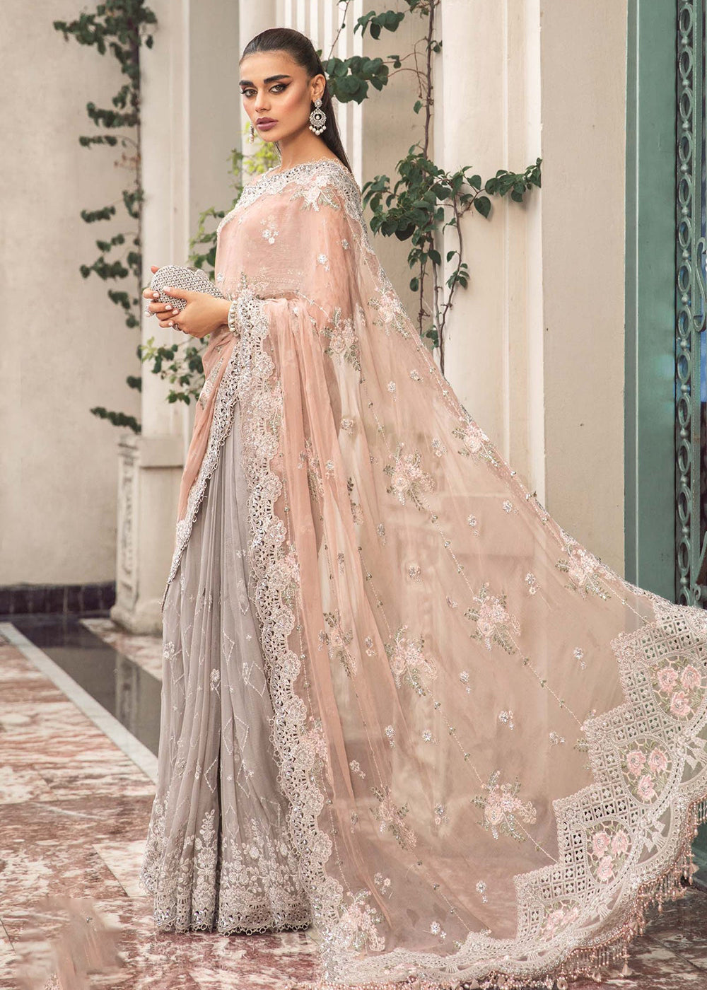 Buy Now Chiffon Formals 2023 by Maria B | MPC-23-105 Peach And Grey Online in USA, UK, Canada & Worldwide at Empress Clothing.