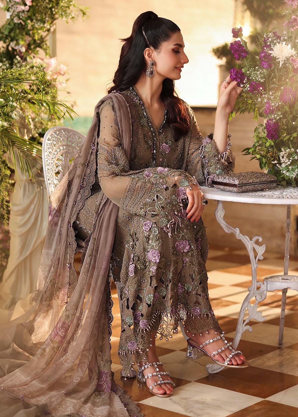 Buy Now Tea Affair Chiffon Formals '26 by Maria B | MPC-26-102 Online in US, UK, Canada, France, Greece, Germany, Ireland, Sweden, UAE & Worldwide at Empress.