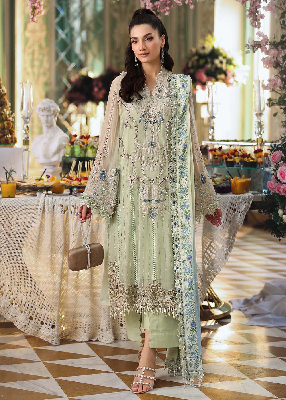 Buy Now Tea Affair Chiffon Formals '26 by Maria B | MPC-26-105 Online in US, UK, Canada, France, Greece, Germany, Ireland, Sweden, UAE & Worldwide at Empress.
