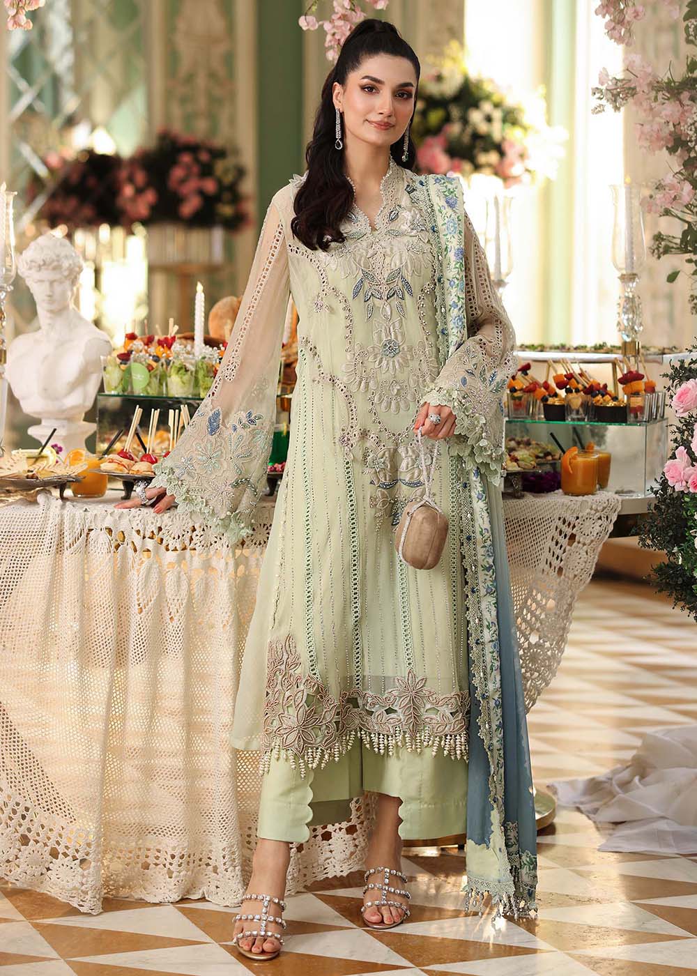 Buy Now Tea Affair Chiffon Formals '26 by Maria B | MPC-26-105 Online in US, UK, Canada, France, Greece, Germany, Ireland, Sweden, UAE & Worldwide at Empress.