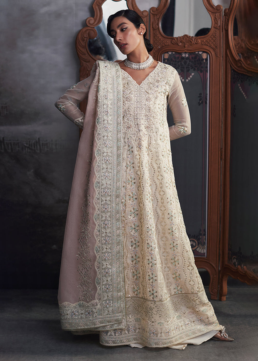 white organza dress pakistani Ivory White Organza Intricate Embroidered Straight Cut Classic Formal Wear