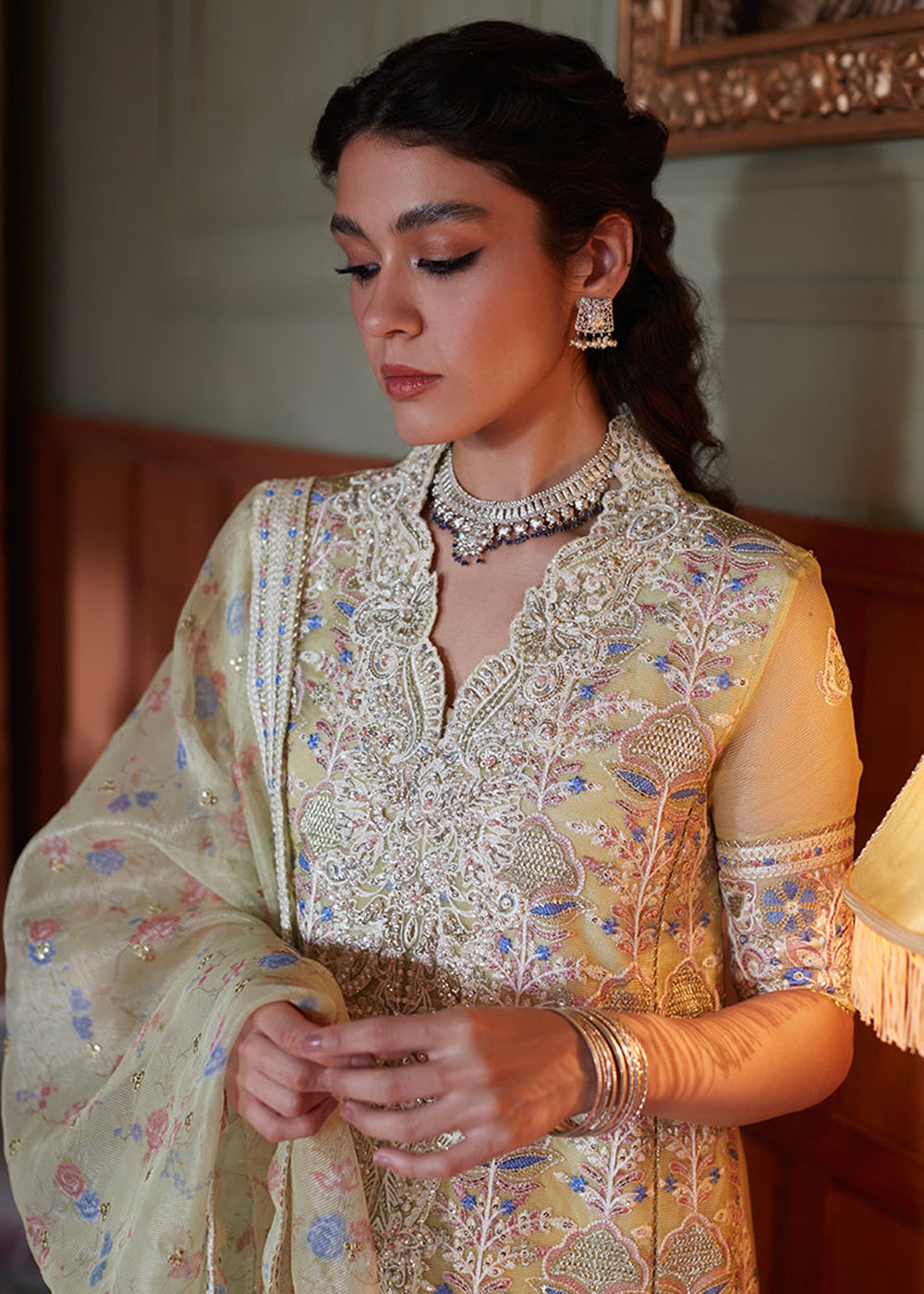 Lime Yellow Organza Net Pakistani Suit | Mushq | Qala Kamdaani | Dina