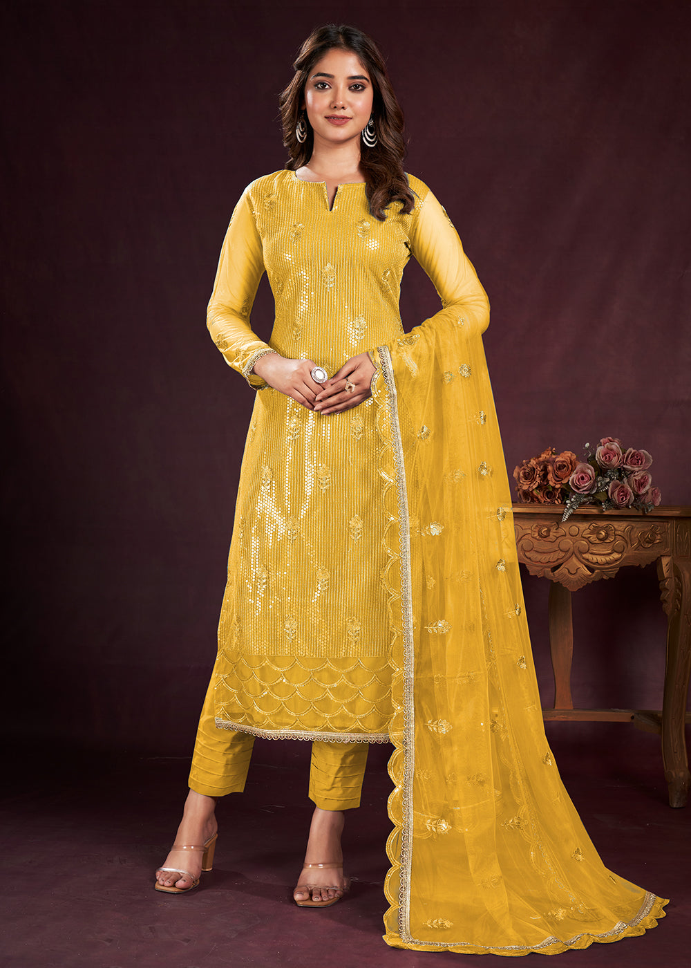 Yellow Butterfly Net Embroidered Festive Salwar Suit