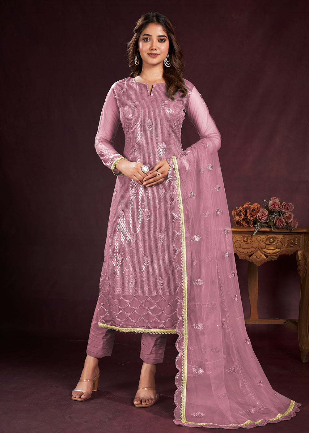 Buy Now Rose Pink Butterfly Net Embroidered Festive Salwar Suit Online in USA, UK, Canada, Germany, Australia & Worldwide at Empress Clothing. 