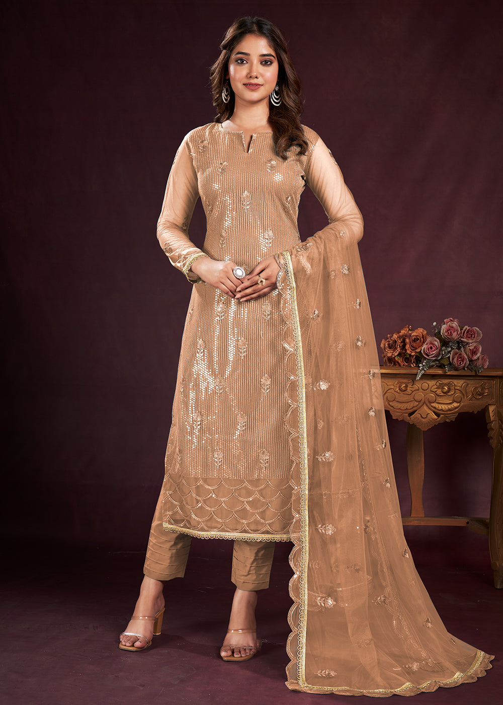 Buy Now Beige Butterfly Net Embroidered Festive Salwar Suit Online in USA, UK, Canada, Germany, Australia & Worldwide at Empress Clothing. 