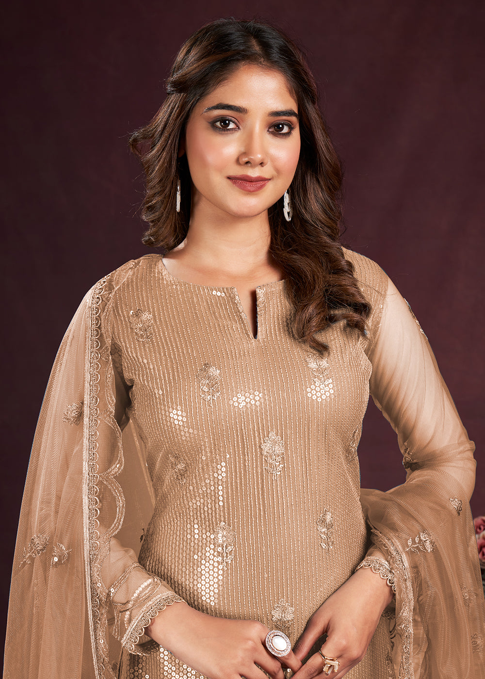 Buy Now Beige Butterfly Net Embroidered Festive Salwar Suit Online in USA, UK, Canada, Germany, Australia & Worldwide at Empress Clothing. 