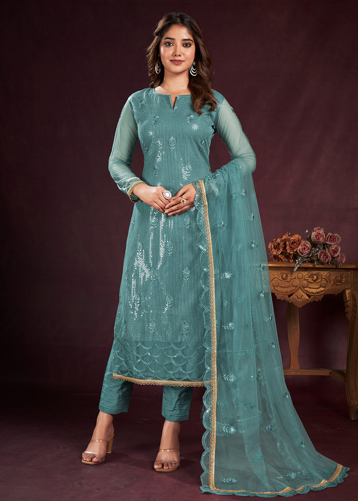 Buy Now Turquoise Blue Butterfly Net Embroidered Festive Salwar Suit Online in USA, UK, Canada, Germany, Australia & Worldwide at Empress Clothing. 