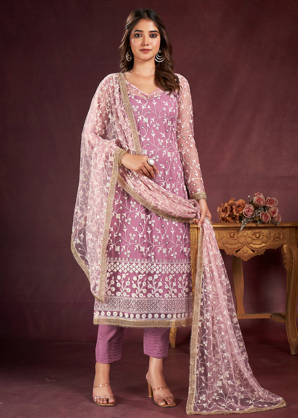 Buy Now Pink Butterfly Net Embroidered Festive Salwar Suit Online in USA, UK, Canada, Germany, Australia & Worldwide at Empress Clothing.