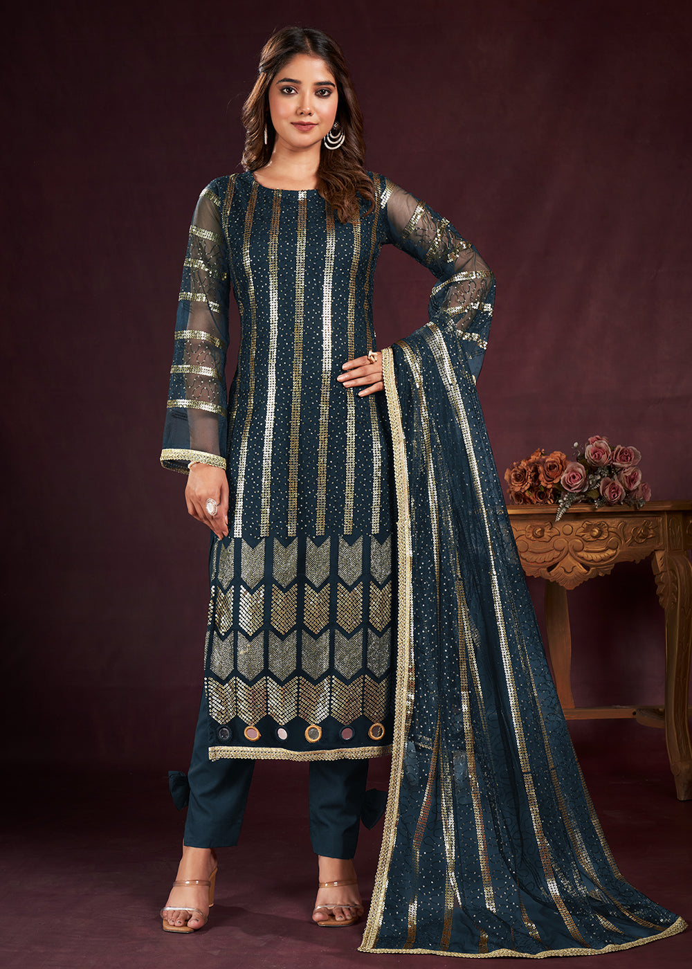 Buy Now Blue Butterfly Net Embroidered Festive Salwar Suit Online in USA, UK, Canada, Germany, Australia & Worldwide at Empress Clothing. 