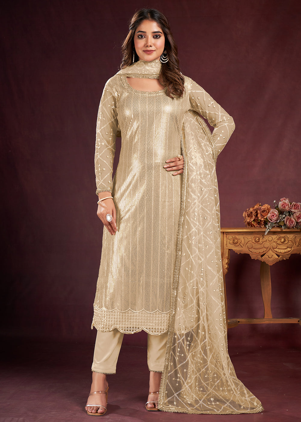 Buy Now Gold Beige Butterfly Net Embroidered Festive Salwar Suit Online in USA, UK, Canada, Germany, Australia & Worldwide at Empress Clothing.