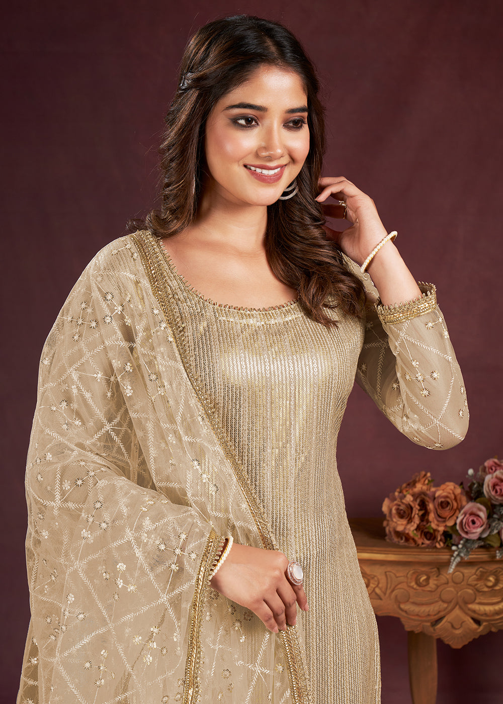 Buy Now Gold Beige Butterfly Net Embroidered Festive Salwar Suit Online in USA, UK, Canada, Germany, Australia & Worldwide at Empress Clothing.