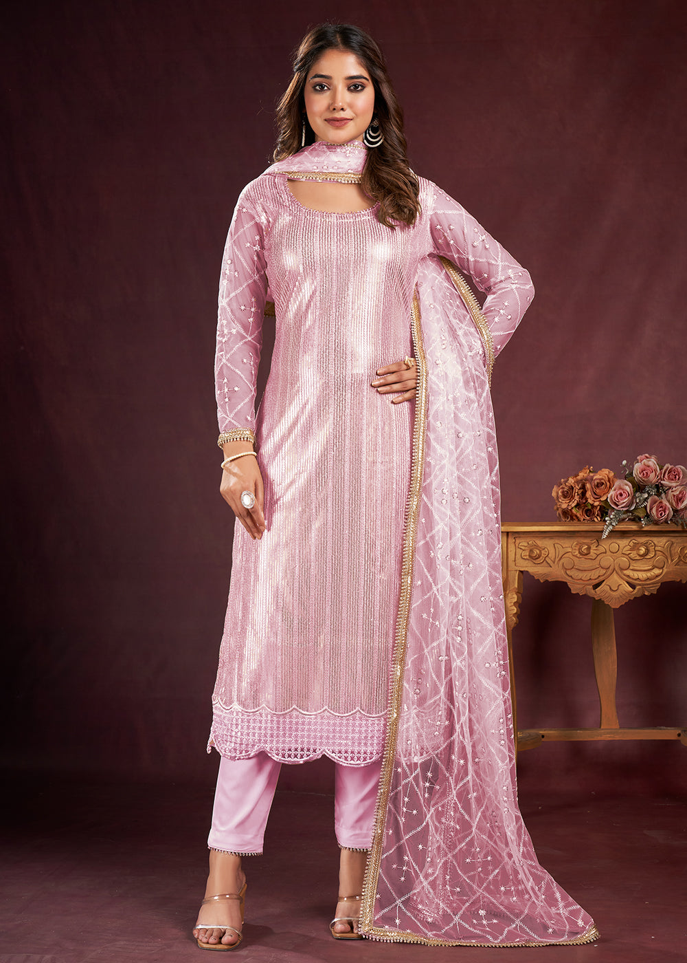 Buy Now Taffy Pink Butterfly Net Embroidered Festive Salwar Suit Online in USA, UK, Canada, Germany, Australia & Worldwide at Empress Clothing.