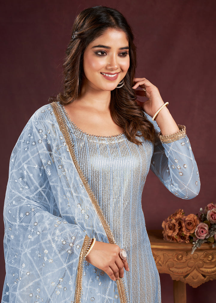 Buy Now Ice Blue Butterfly Net Embroidered Festive Salwar Suit Online in USA, UK, Canada, Germany, Australia & Worldwide at Empress Clothing.